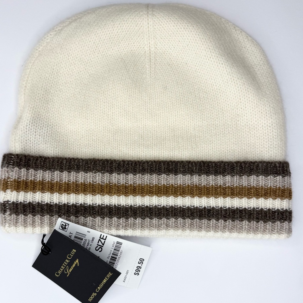 Charter Club Cream Cashmere Stripe Cuffed Beanie